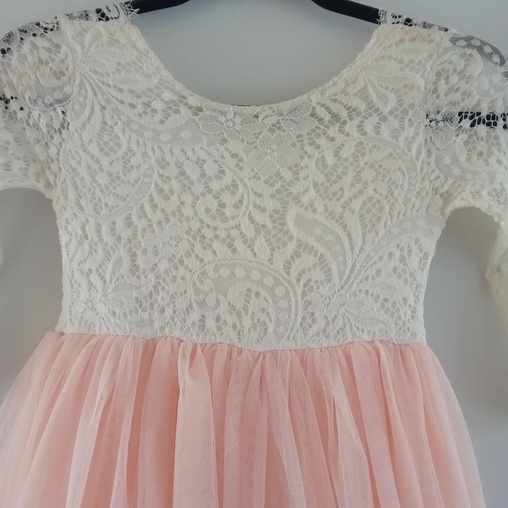 2Bunnies Lace & Tulle Flower Girl Formal Maxi Dress Cream Pink Size 7-8Y - Picture 7 of 9